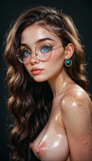 young beautiful Jewish girl 18 yo, freckles on face, big space eyes, long tall hair, big long eyelashes, moles freckles spots all over body, puffy nipples, pretty face, simple makeup, big thin round glasses, big round eyes, top view, side view, shiny shiny boobs
