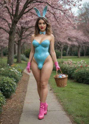 Rear view, bottom up view, full body view, (lateral penis bulge:1.7), ((busty chubby shemale)), ((dickgirl with large ass)), light blue glitter bunny costume with white pompom, (pompom), (((light blue bunny costume))), light blue bustier, light blue panty, skintight clothes, wetlook dress, light pink hold-up latex stockings, beige camel boots, pink latex gloves, sexy femme fatale, a real stunner, medium sized penis, visible penis, flaccid hanging penis, semi erected penis, veiny penis, bulging testicles, precum dripping, stunning beautiful face, gorgeous supermodel face, ful shining lips, dark red lipstick, long lashes, eyeshadow, eyeliner, sexy make up, red lipstick, red fingernails, perfectly rounded apple sized sexy ass, perfectly rounded natural breasts, erected nipples, waist, wide feminine hips, thick tighs, sexy curvy body, tan line, hourglas figure, perfect fingers, background spring garden, holding a basket with easter eggs, cherry blossom season, sunrise dawn time, blue hour photo light