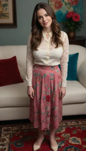 A busty young brunette woman, positioned in the center-left of the image, is standing on a patterned rug. She is wearing a light yellow sheer blouse with long sleeves, her perfect gigantic round natural breasts pressing against the blouse, and a light red, textured midi skirt. She is wearing white shoes. A red flower-shaped hair clip is placed on her hair, adding a pop of color. Her expression is neutral, and her hair is long and dark brown. She has a medium build. The light is soft and diffused, casting no harsh shadows. The background shows a white couch with dark blue throw pillows. The overall style is fashionable and modern, with a touch of vintage flair. The carpet is cream-colored with teal and pink floral patterns, adding texture and color. The lighting is balanced, highlighting the woman's features and the clothing's texture without harsh contrasts. The perspective is slightly downward, viewed from the side, focusing on her pose and the patterned rug. The image is well-composed and showcases details of the clothing, accessories, and environment. Happy, Mischievous smile, grin
