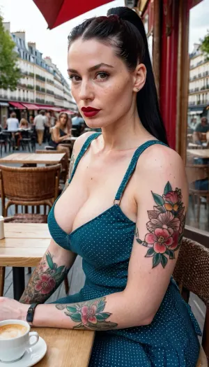 Big Ass, Busty Woman, 30 yo, slender, Pale Skin, s lot of tattoos, Big saggy tits, black straight hair, a lot of freckles, lipstick, ponytail, Brown eyes, high cheekbones, pointed chin, Heartformed Long Face, small lips, top, skirt, sitting at a Café at Paris outside, 35mm picture, best quality, high detailed Face, 8k, hot sun in face, sweat