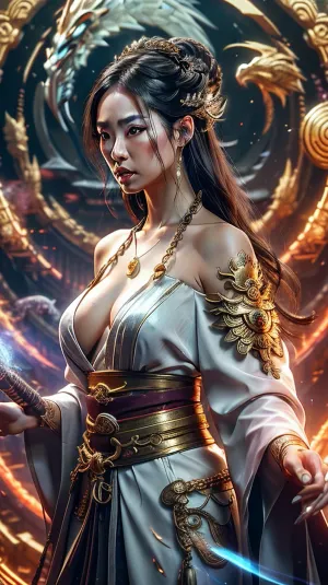 3d goddess close up profile portrait with ram skull. Beautiful intricately detailed Japanese crow, Classical Japanese kimono, off the shoulder, sexy cleavage, Dragon, eagle, skulls, chain side by side, moonlight and colorful smoke effect background, full body shot, masterpiece, very detailed image, best quality, ultra detailed, ultra realistic, weapon, cleavage, (magic, circle:1.1), xiuxian, revealing, dress, silver, gold, white, red, <lora:现代修仙传V1:.5>, <lora:revealing_dress_v0.1:.9>