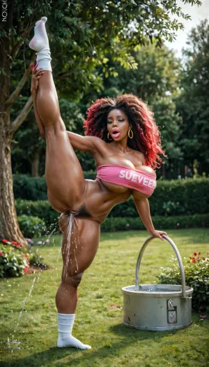 dark skin ebony woman, 18 years old, in a backyard, giant perfect breasts, bubble butt, pink tube top, tube top too small, tube top tearing at the seams, massive fake lips, puffy lips, pink lipstick, extremely long red hair, white socks, super waist, squirting orgasm, thick heavy pubic hair, hyper pubic hair, massive torpedo breasts, holding one leg up in the air, fingering pussy, oversized lips, standing splits, tube top ripping at the seams