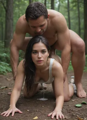 photorealistic image, slim woman with long black hair, slightly tanned skin, woman has black hair, woman has long hair, woman has a slim body, woman fucked in dark forest, dark forest at night in background, fat man with gray hair fucks the woman, long white elegant summer dress, high heels, (creampie:1.4), (long cock:1.4), (cum:1.4), (doggy:1.3), legs wrapped around man, wide-angle shot, (distance shot:1.3), (detailed face:1.2), (intense eye contact:1.2), legs spread wide, (deep penetration:1.3), sperm dripping down thighs, at night, damp forest floor, man’s shirt unbuttoned, sweaty skin, (aroused expression:1.2), rustling leaves, (full body frame:1.4)