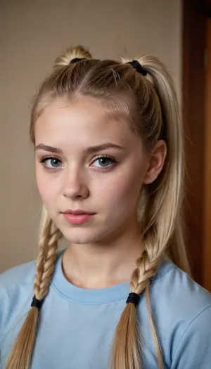 beautiful blonde 18 years old with ponytails woman, lewddungeon, background walls, <lora:tiedbreastsblue_XL_reg0_:.5>