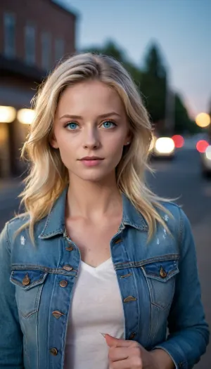 woman, blonde, blue eyes, jeans, denim jacket, <lora:xl_more_art-full_v1:.5>