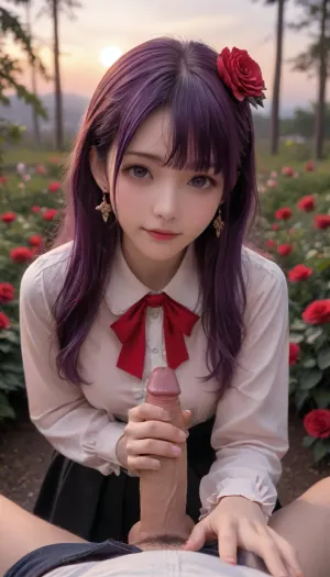 (realistic:1.5), (watanabe tomari:1.3), [moto murabito], yuming li, (nixeu:.4), depth of field, (pastel colors:1.4), cinematic lighting, (bellhenge:.8), (yogisya), ((mitsumoto jouji)), toaruocha, k0nfette, 1girl, flower, solo, long hair, hair flower, rose, hair ornament, jewelry, earrings, red flower, looking at viewer, bangs, red rose, long sleeves, vines, bow, purple eyes, purple hair, skirt, star \, (sky\), night, frills, plant, black skirt, standing, pantyhose, white shirt, shirt, black pan, smile, pov_deepthrt, deepthroating, a, man's, penis, blsdp, <lora:concept_pov_dt_xl2-000020:1.1>