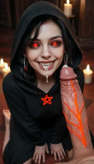 score 9 up, dark lair with no natural light, ((red glowing pentragram painted on floor under girl)), candles light room, insanely hot girl, black robe, hood up, large saggy perky tits out, grabbing mans erect cock, lascivious demonic smirk, black eyes, black sclera, intimate vibes, sexy eyes, sexy smile, cute nose, cum in mouth, view down on girl, intricate detail, cinematic masterpiece
