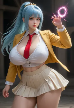 Maya Natsume from Tenjho tenge. Busty, (bustier the better), curvy, and leggy., ((Maya Natsume from Tenjho Tenge has long, flowing silver-blue hair, often tied in a high ponytail, with sharp bangs framing her face. She typically wears a school uniform consisting of a yellow blazer, white shirt, red tie, and a short skirt. In battle, she sometimes switches to a more revealing martial arts outfit. Maya has a strong, confident presence, embodying both beauty and power as a skilled fighter.)), ((toned muscular thick thighs, toned huge voluptuous ass)), (massive breasts:1.5), Maya, natsume, tiara, see-through, impossible, <lora:Maya_anV31-000076:.5>