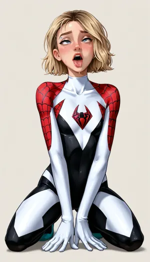 (White Background), (Gwen Stacy from Spiderman across the spiderverse), wearing a costume off spidergwen, lots of spit, saliva dripping down, ahegao, orgasm, sweating, middle body view, on knees, flat small chested, samdoesart, <lora:samdoesart_style_xl_v1:.5>, <lora:195794_training_data:.5>