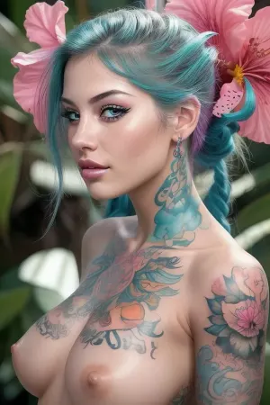 Hyperrealism, extreme close-up Portrait of a beautiful, stunning unique female character. She has large turquoise eyes filled with joy and excitement, extravagant eyelashes, making this image a masterpiece of photography and digital art. Style, realistic hyper-detailed rendering, 32k UHD, expressive eyes, punk, graphic design, pink hibiscus tattoo, girl's face, side view, pretty and cute, gleaming lips, white skin, telling a tale of adventure. Exuding confidence and serenity. Vibrant tattoos adorn her sun-kissed skin