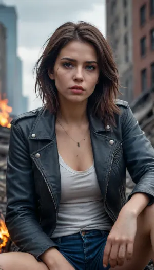 Post-apocalyptic street scene, 8k resolution, ultra-high detail, hyperrealistic, cinematic lighting, sharp focus, anti-aliasing, HDR, lossless PNG. A sultry young female stalker with flowing raven hair, piercing, plump lips, and scars on her thigh sits by a dying campfire in a ruined city. She wears a worn leather jacket and shorts, white t-shirt, a compass amulet around her neck. Background, crumbling skyscrapers, overgrown vegetation, misty haze, orange glow from embers contrasting with cold blue-gray tones. No pixelation, no compression artifacts, realistic textures, depth of field., p13rc1ng, lip, piercings