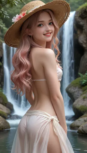 Cute 18 year old shy Russian girl shows naked, pink long hair, wearing summer straw hat, (waterfall), big smiling face, GapingAssholesAllFourQuiron, pose, from behind, <lora:SDXL1.0_quiron_GapingAssholesAllFour_v5.1p_Lora:.5>, flat, chested, <lora:flat_chested_v3.5:.5>