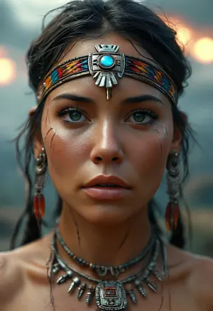 Photorealistic, 25-year-old native American princess, struck by lightning, great storm, adult, MILF, huge breasts, stretch marks on boobs, saggy breasts, (((perfect face, realistic face, normal face))), ((Aztec, mayan)), colors of the wind, normal eyes, sexy eyes, realistic eyes, slut face, bimbo, <lora:MJ52:.8>