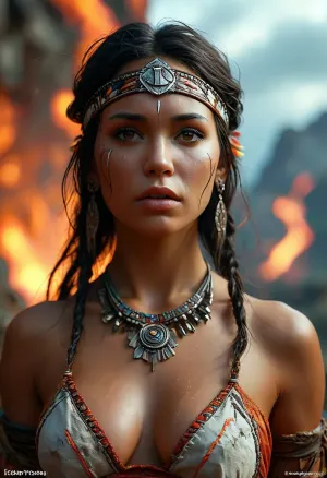 Photorealistic, 25-year-old native American princess, struck by lightning, great storm, adult, MILF, huge breasts, stretch marks on boobs, saggy breasts, (((perfect face, realistic face, normal face))), ((Aztec, mayan)), colors of the wind, normal eyes, sexy eyes, realistic eyes, slut face, bimbo, <lora:MJ52:.8>