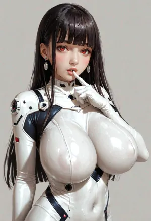 1girl, gigantic_breasts, solo, red_eyes, black_hair, long_hair, very_large_breasts, gloves, looking_at_viewer, bangs, bodysuit, no_bra, exposed_breasts, white_gloves, simple_background, covered_navel, blunt_bangs, parted_lips, very_long_hair, finger_to_mouth, grey_background, skin_tight, white_bodysuit, blush