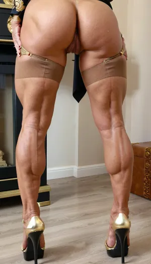 old milf, naked close up pussy, big platform mules high heels, massive legs, very old bodybuilding muscular legs in black gold versace platform mules high heels, from back side view, muscles stiration, naked pussy, strong calves, beautiful feets, close up ass, uberfit, muscular, athletic, RealTanFFStocking, <lora:uberfit_lora_sdxl:.3>, <lora:RealTanFFStocking_XL:.5>