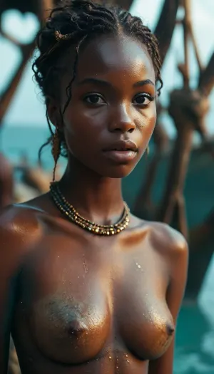 stunning, slender, 25-year-old Black mermaid under the sea, shipwreck, striking African features and build, fishtail, staring intensely at the camera with a sultry gaze, her own shaved pussy prominently displayed, labia subtly parted, her deep ebony complexion glowing. Every curve, texture, and explicit detail of their jet-black skin and undeniable African heritage is rendered with maximum clarity and erotic., <lora:MJ52:.8>