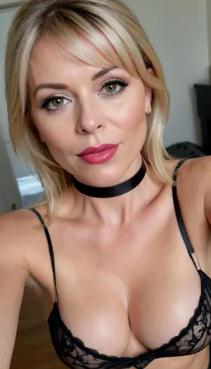 Top view selfie of Sexy gourgeous model, 55 yo, milf, luxury escort, masturbating, black transparent nightie dress, transparent lingerie bra, small tits, small breast, round breast. A beautiful face, black eyes, (straight bangs), high ponytail blond hair. A pretty happy face, ((inflated lips)), dark brown skin, simple elegant black choker necklace, golden loop earing, pushing, exciting face, (UHD 8K, masterpiece, best quality, maximum details, extreme realism), ultra realistic, taken on a Canon EOS R3, DSLR photo