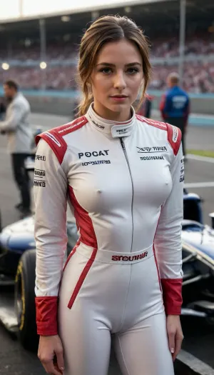 A woman in a sleek, form-fitting racing suit stands confidently beside a high-performance Formula 1 car on the racetrack near the pit stop, her gaze sharp with determination, the metallic sheen of the car reflects the ambient lights, while the textured asphalt beneath her feet adds depth and realism, in the background, the blurred motion of the pit crew and distant grandstands create a sense of speed and anticipation, dynamic lighting with a mix of cool and warm tones enhances the three-dimensional feel, casting dramatic shadows and highlights that emphasize the contours of her suit and the aerodynamic curves of the car, a cinematic low-angle shot, ultra-realistic details, immersive depth, 4K resolution, breasts, cutout, clothing, nipples, <lora:2BoutOvalSDXL2-000002:.8>