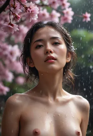 A waist-up portraits of a crystal-style artwork depicting a nude Japanese woman with angel face, elegant nose, charming eyes and medium breasts, (visible breasts), taking shelter under a vibrant rain-soaked sakura tree, her hair glistening wet as it gazes upward at the raindrops falling from the vibrant petals. The scene is illuminated by a soft, ethereal glow, highlighting the shimmering rain droplets as they cling to the woman’s face and the translucent petals above, <lora:Midjourney Image Enhancer XL v1:.9>