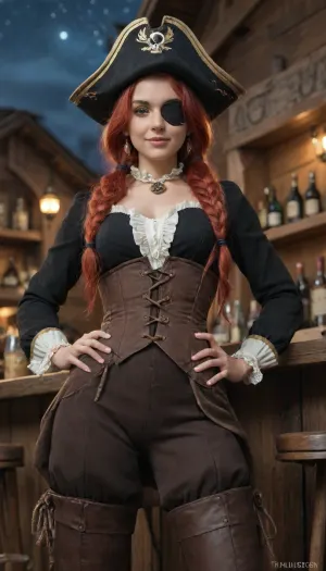 masterpiece, best quality, 1girl, solo, defnlu, red hair, low twintails, sidelocks, parted bangs, blunt bangs, pirate costume, eyepatch, tricorn hat, ruffled blouse, corset, high-waist pants, t1k1, bar, (place), outdoors, counter, bar stool, hands on hips, aqua eyes, very long hair, thigh boots, thatched roof, night, starry sky, looking at viewer, from below, closed mouth, smile