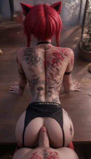 ((19 years old)), punk rock girl, skinny, braided pigtails, red hair, red eyes, black choker, ass up, cat ears, stockings, garter belt, hour glass body, perfect ass, ((having sex)), perfect large breasts, ((pov)), ((whole body tattooed:2)), (petite:1.4), ((slim:1.4)), microskirt, (pierced nipples:1.4), cute girl, (her body covered with tattoos:2), ((show ass:1.6)), bent over living room, view from behind, BT-000002, 2>, full, body, tattoo, <lora:1510542_training_data:2>, <lora:FBT-000002:.8>