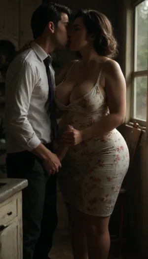 Mrs Shagwell beautiful curvy milf, 50 years old, housewife, (wearing a very very long and spacious flower print summer sundress:1.4), (her dress is undone and her saggy breasts with erect nipples are visible, braless), ((A woman is in the kitchen in a poor apartment and looks out the window)), loving expression, cleavage, legs apart, ((a man, tall and dressed as a courier), , , stands behind her, kissing her and squeezing her tits, cum is dripping on to the chair, (the woman holds the man’s cock tightly, handjob), , :1.8), view from below and side, perfect fingers, perfect anatomy, (natural dark brown elegant hair-style long), natural breasts, voyeuristic, style, Very chubby woman, chubby woman, (bbw:1.4), Colossal sagging breasts, (fat:1.4), busty, huge ass, thick thighs, wide hips, brunette hair, A ssbbw mature with big long sagging breasts, (bokeh:1.2), (long exposure:1), (backlight), <lora:gyakutaiojisan_bed_AB_XL:.5>, <lora:dark:.2>, <lora:MJ52:.8>, <lora:PinupManiaXL_V1.0:.7>