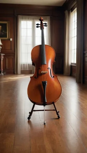 A solitary, meticulously crafted cello, standing upright in the center of the frame, embodies elegance. The warm color palette permeates a well-lit interior. Soft shadows dance across the rich wooden flooring, illuminated by natural light streaming from a window on the left. The cello's body, exhibiting intricate wooden grain, contrasts the black fingerboard and endpin. Detailed f-holes and taut strings are clearly visible. In the background, wooden paneling and curtains on each side enhance the sophisticated atmosphere. The medium focal length, studio lighting, and high-resolution capture every detail of the instrument's craftsmanship. The ambient atmosphere evokes a sense of refined tranquility. A touch of artstation quality amplifies the photorealistic precision, emphasizing the cello's exquisite form and the play of light on its wooden surfaces, and the texture of the cloth, suggesting a moment of poised stillness and artistic appreciation.