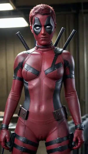 Female Deadpool, big tits, shaved pussy.
