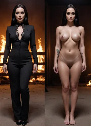 Two pics of Mortisha Addams, front wiew, full body wiew, onoff, <lora:OnoffXL_ExtraCrispy:.8>, (basic\)