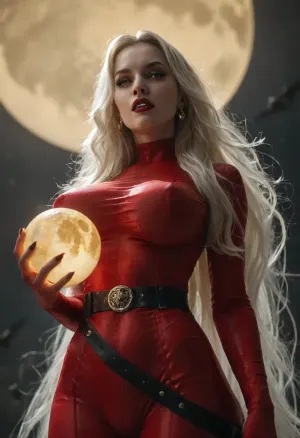 score_9_up, score_8_up, score_7_up, tall slender woman, lady death, hourglass figure, black lipstick, mouth slightly opened, teeth, (holding a glowing ball), eyesshadow, long eyelash, mini waist, massive hip, giant sagging breasts, extremely pale skin, (platinum long flowing hair:1.3), flowing_transparent_red_bodysuit, glowing waist belt, wind, flouting in the air, night, flying bat see through the moon, (extreme full yellow moon:1.6), low angle shot, <lora:style_lora_realis:.8>