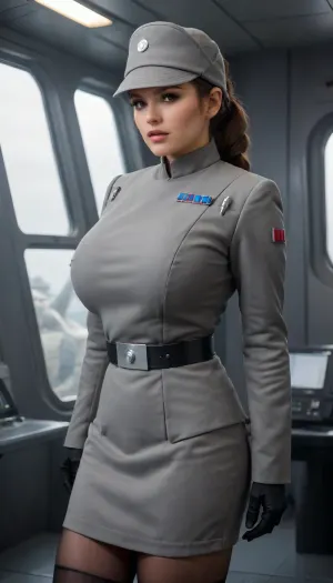 view from side, (wearing a female imperial officer grey uniform with Extremely massive brest bulge, officer cap, Micro mini skirt, stockings:1.5), she has her hair in a bun, super busty hourglass figure, (super massive breasts:1.3), (deep cleavage:1.2), Tight waist, super wide huge hips, Slightly chubby, (hands behind back:1.3), in a sci-fi ship control room, dark interior, (large window showing star wars ships outside:1.2), cinematic, film grain, (cinematic still), 20mm photograph, film, 4k, highly detailed, (atmosphere), (haze), soft ambient lighting, huge, breasts, massive, Imperial, officer, wearing, a, (color), uniform, TIE, fighter, <lora:bboobs-000005:2>, <lora:SDXL_MassiveCowsLoRA_v1:1.2>, <lora:Imperial Officer:.2>, <lora:TIE fighter:.6>