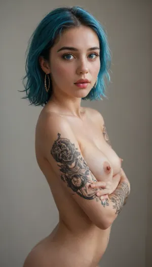 masterpiece, award winning photo, detailed face, realism, passion, lust, ultra realism, UHD 8K, extreme realism, maximum detail, most beautiful, sweet and petite, stunning sexy alt girl with blue colored hair, straight hair, big lips, piercing in lips, sweet body petite body, petite ass, medium breasts, tattoos on arms, tattoos on body, full tatoo body, aesthetic, blueche, (Riae:2), (with, blushing, cheeks:1), covche, covering, her, cheek, with, mouth, looking, embarrassed, right, hand, covmou, <lora:add-detail-xl:.8>, <lora:EmbarrassedBlushing.1.0:.1>, <lora:568214_training_data:.8>