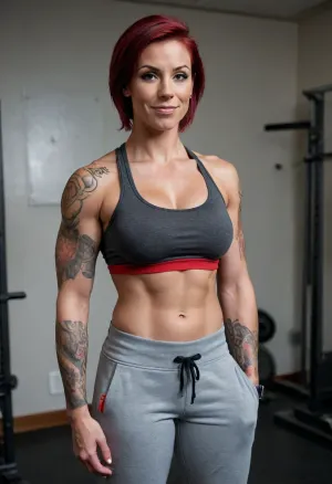 (Buff woman), (muscle definition), ((muscular)), (large muscles), (toned), (tomboy), busty, (large breasts), flexing, showing off, medium/short straight black/red hair, black sports bra, gray sweatpants, tanned skin, cocky grin, tattooed arms