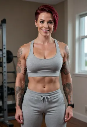 (Buff woman), (muscle definition), ((muscular)), (large muscles), (toned), (tomboy), busty, (large breasts), flexing, showing off, medium/short straight black/red hair, topless, gray sweatpants, tanned skin, cocky grin, tattooed arms