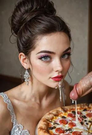 (((A guy Sticks his hard, stiff, ejaculating penis through a salami pizza There is massive cum on the pizza.))), A woman strokes the cock a little too hard and gets a big facial, massive cum in her face. The room is flooded with light, and sunbeams caress the scene., woman is A beautiful US American housewife with small tits, oval-shaped face with soft cheeks, a moderately defined jawline, big alert eyes, and a small, proportionate nose. Her skin is smooth and glowing. She wears a deep-cut, elegant dress that highlights her graceful neck and shoulders. Her hair is styled in a neat, voluminous French twist bun, sleekly pulled back to accentuate her face shape. Her makeup is flawless yet natural, featuring subtle eyeshadow enhancing her large eyes, perfectly shaped eyebrows, a hint of blush on her cheeks, and soft pink lipstick, giving her a fresh and radiant appearance.