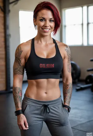 Buff woman, ((muscular)), (toned), (tomboy), busty, large breasts, medium/short straight black/red hair, black sports bra, gray sweatpants, tanned skin, cocky grin, tattooed arms