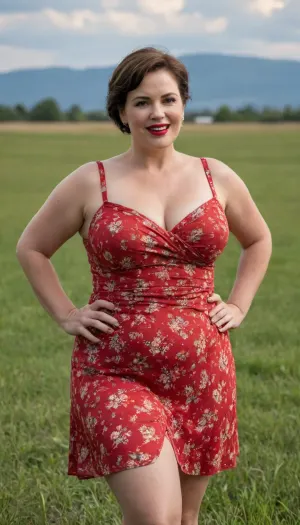 A 45-year-old plump woman stands in the middle of a grassy field. She is plump and mature, with short hair and makeup on her face. She is wearing a beautiful short summer dress with a large neckline and a slit in the skirt. She has a bright smile and bright red lips. As she prepares to relieve herself, the slit in her dress opens, revealing her large, saggy breasts and wide hips. Her panties slipped slightly to her knees.