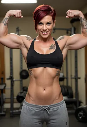 (Buff woman), (muscle definition), ((muscular)), (large muscles), (toned), (tomboy), busty, (large breasts), flexing, showing off, medium/short straight black/red hair, (topless), (bare chest), large areolae, baggy sweatpants, tanned skin, cocky grin, tattooed arms
