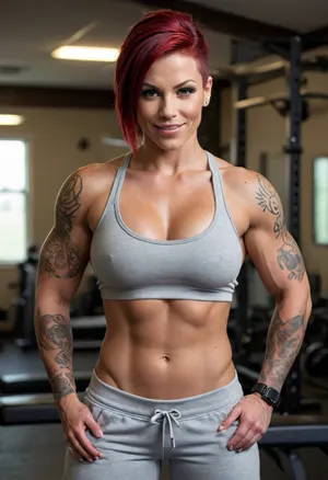 (Buff woman), (muscle definition), ((muscular)), (large muscles), (toned), (tomboy), busty, (large breasts), flexing, showing off, medium/short straight black/red hair, (topless), (bare chest), large areolae, baggy sweatpants, tanned skin, cocky grin, tattooed arms