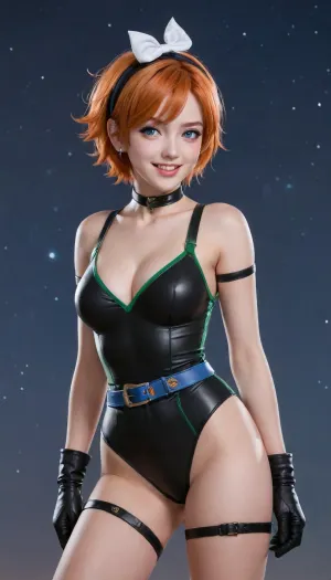 score_9, score_8_up, score_7_up, 1girl, dynamic pose, cowboy shot, smile, open mouth, looking at viewer, standing, detailed background, LindaXL, orange hair, short hair, blue eyes, hairband, earrings, lipstick, (anime screencap:1.1), flat color, platform strappy high heels, score_6_up, source_anime, solo, bob cut, green and black bodysuit, black gloves, belt, thigh boots, profile, night sky