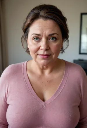 An ultra realistic portrait photo of a fat older woman wearing a tight v-neck sweater standing in a modern bedroom, brunette, bbw, round face, open mouth, looking at viewer, flirting, (expressive eyes, striking eyes, captivating eyes, mesmerizing eyes), (detailed skin texture, skin imperfections), (age-appropriate skin condition, wrinkles, wrinkled skin, wrinkled face), with, pokies