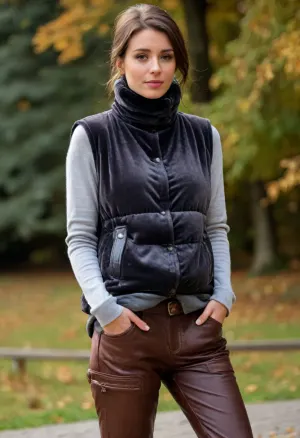(masterpiece, best quality:1.2), 1 czech 35yo woman, (faded anthracite baggy velvet turtleneck shirt, puffer vest on top, leather pants:1.4), outdoors, longest brunette hair, hair combed back to tight ponytail, knitted beanie, green eyes, in sunny cold autumn bohemian castle park, photorealism, she is relaxing on a bench, flat, chested, down, vest, puffer, <lora:style_lora_realis:.5>, <lora:flat_chested_v3.5:.5>, <lora:Puffer_Vest_SDXL_V1:.5>