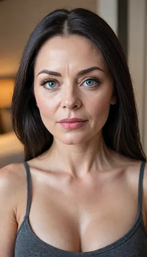 An aged 65 year old woman posing with long light black hair with steaks of grey, the hair is medium-length, (very straight), and neatly parted in the center with strands of hair framing her face.
She has blue eyes that are deep-set, the eyes are medium in size and thin, and appear to have a neutral or contemplative expression. Her eyebrows are very light blonde in colour, they are thin, and follow a slightly curved shape.
Her aging face is elongated and slightly angular, with a defined but softer jawline. Her nose is straight and proportionate, with a slightly rounded tip.
Her cheeks are gently contoured with a slight hollowness that accentuates the structure of the face.
Her jawline is well-defined but softened by age, tapering into a slightly pointed chin.
Her lips are very thin, and neutral in expression, with no visible smile.
Her neck shows visible lines and natural aging.
Her skin is fair and shows natural signs of aging, including fine lines and wrinkles around the eyes, wrinkes on forehead, and wrinkes around the mouth area.
She has size 34b breasts.
She is standing fully naked in full view of the camera.