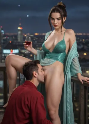 (masterpiece, best quality), (Twilight Photography:1.4), (Azula from Avatar:1.1), (emerald green glossy silk chemise, glossy silk night robe), holding glass of wine, (cunnilingus, standing cunnilingus:1.2), aroused, (cinematic lighting), spacious balcony, glass railings, city skyline view, penthouse, (night:1.4), captured with a Leica M10, Leica Summilux 50mm f/1.4 lens, sharp focus, best shadow, 8K, UHD, clear image, extremely sharp, extremely detailed, extremely intricate detail, high res, ultra-high-definition, highly detailed, ultra-sharp textures, finely detailed, perfect skin texture, hyperrealistic lighting, professional photography, full dynamic range, deep contrast, high clarity, realistic depth of field, HDR, perfect exposure, smooth gradients, natural reflections, ultra-fine details, realistic skin pores, individual hair strands, soft shadows, color-graded