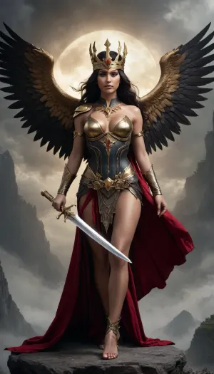 (((Blindfolded Themis))), A powerful, dark-skinned, long-haired maiden adorned with a golden crown, is the central figure standing in the center of the image. She has massive black wings covered with feathers. She appears to be 18 years old, wearing elaborate dark armor with gold detailing on her shoulders and chest, (((large, firm breasts))), and a long, flowing black and red dress with a high slit at the leg., (((In her left hand she holds a shining golden sword))), (((in her right hand she holds a scale))), . Her expression is stern and focused. The background is a dramatic, stormy sky over a rocky landscape. In the foreground, at the bottom of the frame, muscular nude figures, perhaps statues or fallen persons, are partially visible. The image is composed with a vertical orientation and a somewhat low angle, making the figure impressive. The lighting is gloomy, emphasizing the dark tones and contrasts. The overall style evokes a sense of epic fantasy or mythology, with an emphasis on themes of justice and power.