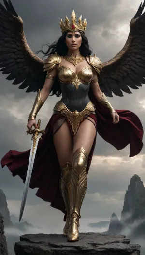 (((Blindfolded Themis))), A powerful, dark-skinned, long-haired maiden adorned with a golden crown, is the central figure standing in the center of the image. She has massive black wings covered with feathers. She appears to be 18 years old, wearing elaborate dark armor with gold detailing on her shoulders and chest, (((large, firm breasts))), and a long, flowing black and red dress with a high slit at the leg., (((In her left hand she holds a shining golden sword))), (((in her right hand she holds a scale))), . Her expression is stern and focused. The background is a dramatic, stormy sky over a rocky landscape. In the foreground, at the bottom of the frame, muscular nude figures, perhaps statues or fallen persons, are partially visible. The image is composed with a vertical orientation and a somewhat low angle, making the figure impressive. The lighting is gloomy, emphasizing the dark tones and contrasts. The overall style evokes a sense of epic fantasy or mythology, with an emphasis on themes of justice and power.