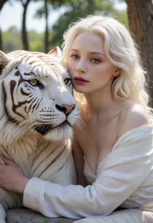Cinematic masterpiece, the best quality, ultra details without noise, photographic realism, full body lateral plani, bolimetric light, beautiful albino muse with intense white hair in the wind, seductive angelic face, bitten lip, professional hugging an albino tiger, great depth of field, luxury 8k colors