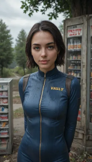 masterpiece, best quality, 1girl, solo, dark-skinned female, short hair, black hair, blue jumpsuit, long sleeves, leather, (vault suit), (fallout), (series), outdoors, (vending machine), perspective, foreshortening, blue eyes, white pupils, cloudy sky, tree, looking at viewer, (rain), nature, scenery, wet, wet hair, arm behind back, closed mouth, smile