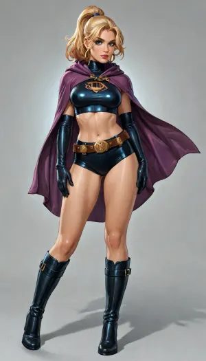 reiq style, Stephanie Brown from DC Comics, superheroine, Blonde hair in a ponytail, blue-green eyes, Knee high black boots, elbow length black gloves, black Sam Browne belt, purple hooded cape, sexy, full body view, <lora:detailed_notrigger:2>, <lora:LCMTurboMix_Euler_A_fix:.8>, <lora:677862_training_data:.8>, (crop, top:1), <lora:add-detail-xl:.8>